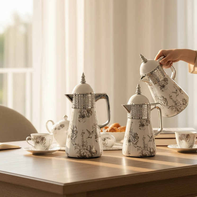 Elegant Floral Flask Set – 3 Pieces (1L + 0.7L + 0.5L) - Bird-Silver - Mawaeen