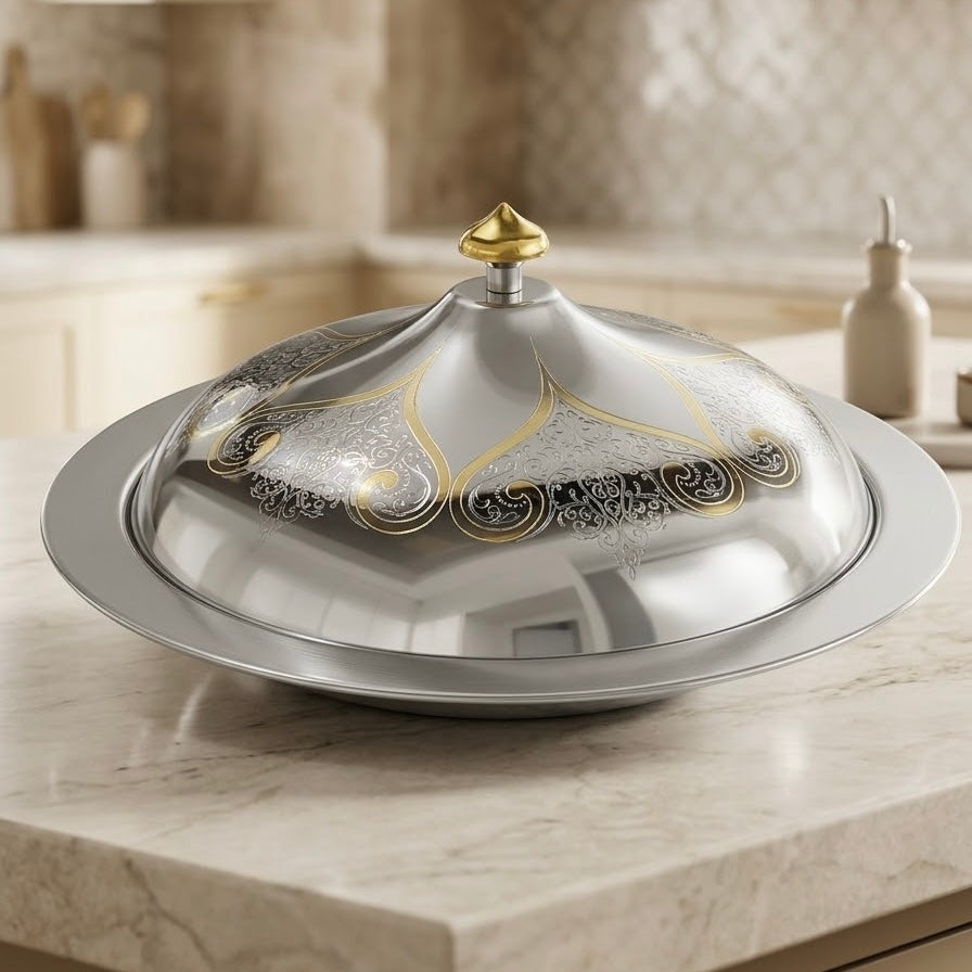 Salma Stainless Steel Serving Dish with Gold Accents – 30 cm