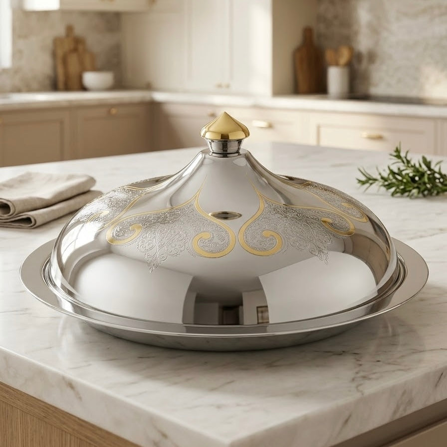 Salma Stainless Steel Serving Dish with Gold Accents – 50 cm