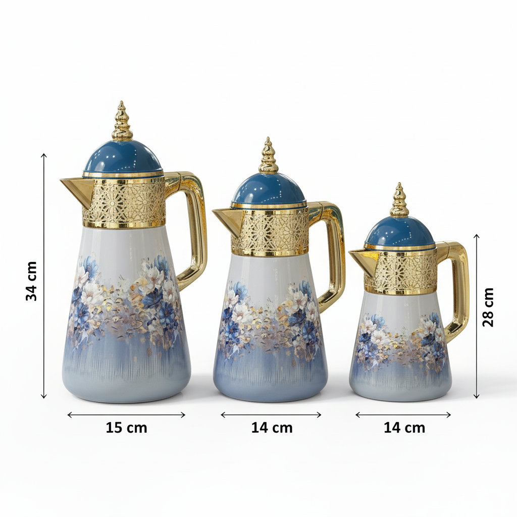 Elegant Floral Flask Set – 3 Pieces (1L + 0.7L + 0.5L) - Blue-Gold - Mawaeen