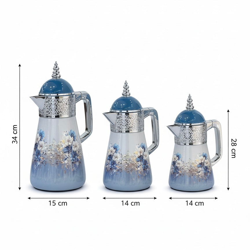 Elegant Floral Flask Set – 3 Pieces (1L + 0.7L + 0.5L) - Blue-Silver - Mawaeen