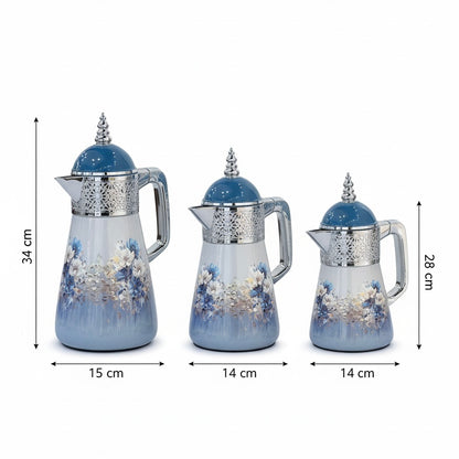 Elegant Floral Flask Set – 3 Pieces (1L + 0.7L + 0.5L) - Blue-Silver - Mawaeen