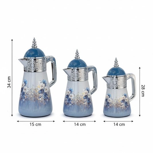 Elegant Floral Flask Set – 3 Pieces (1L + 0.7L + 0.5L) - Blue-Silver - Mawaeen