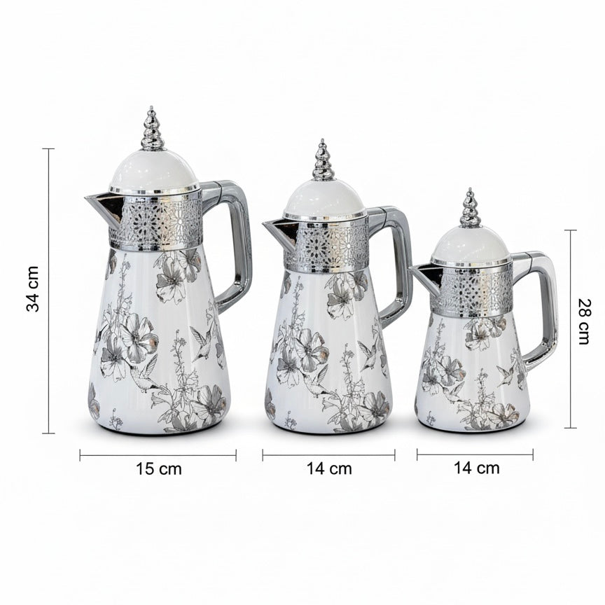 Elegant Floral Flask Set – 3 Pieces (1L + 0.7L + 0.5L) - Bird-Silver - Mawaeen