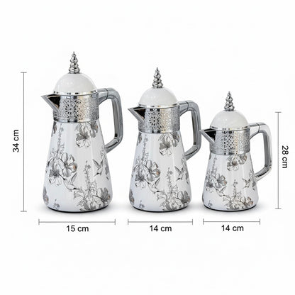 Elegant Floral Flask Set – 3 Pieces (1L + 0.7L + 0.5L) - Bird-Silver - Mawaeen