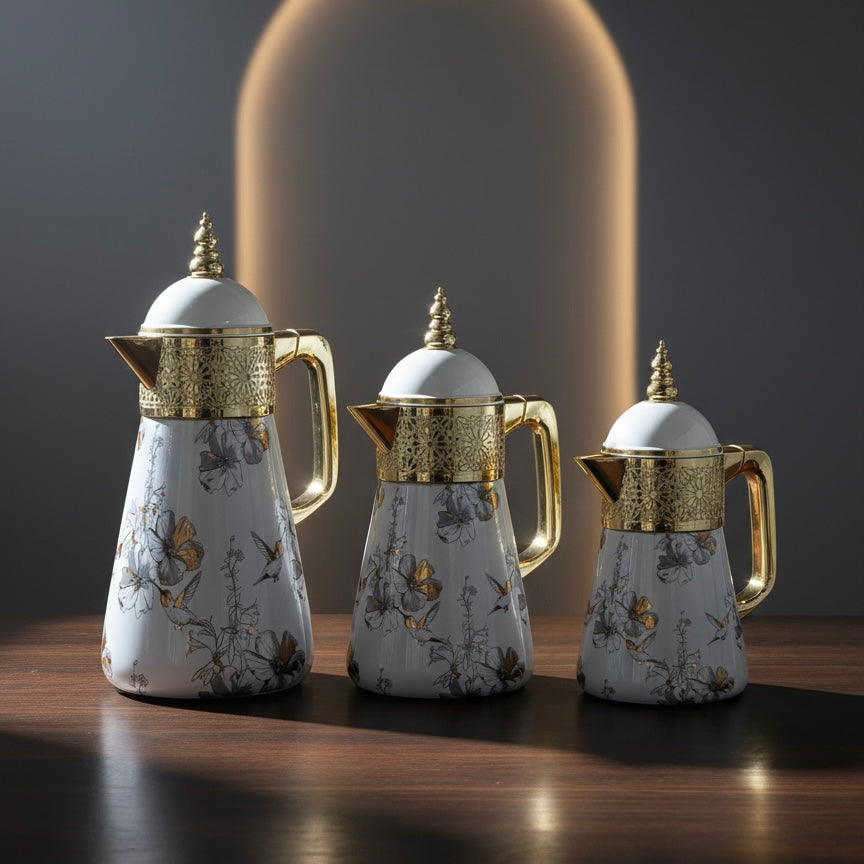 Elegant Floral Flask Set – 3 Pieces (1L + 0.7L + 0.5L) - Bird-Gold - Mawaeen