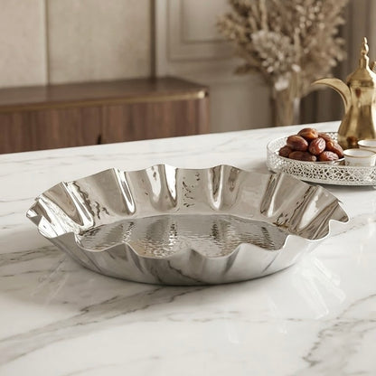 Large Hammered Silver Fruit Serving Bowl (36 cm) – Fluted Wavy Design