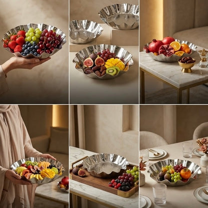 Hammered Silver Fruit Serving Bowl (Small – 29 cm) – Fluted Wavy Design