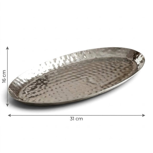 Hammered Stainless Steel Oval Dessert Serving Tray (Medium – 31 cm)