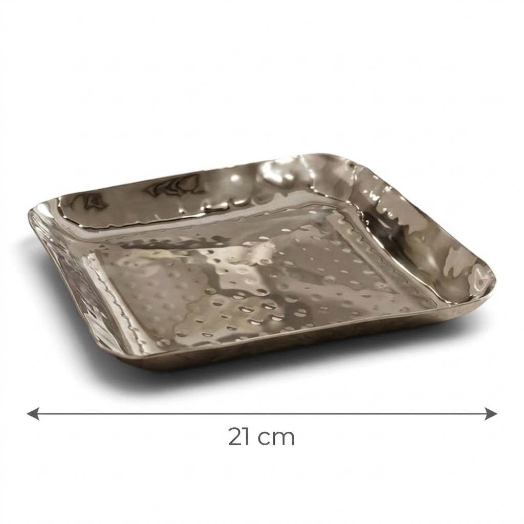 Hammered Stainless Steel Dessert Serving Tray (M– 21 cm) – Square Design