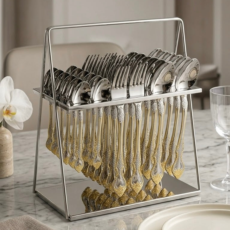 MGFR 36-Piece Stainless Steel Cutlery Set with Standing Rack (Classic Baroque Gold-Tone)