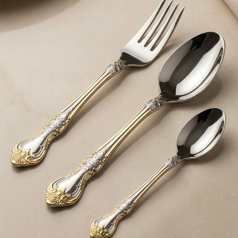 MGFR 36-Piece Stainless Steel Cutlery Set with Standing Rack (Classic Baroque Gold-Tone)