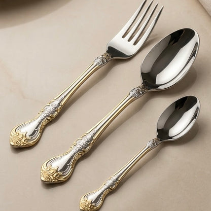 MGFR 36-Piece Stainless Steel Cutlery Set with Standing Rack (Classic Baroque Gold-Tone)