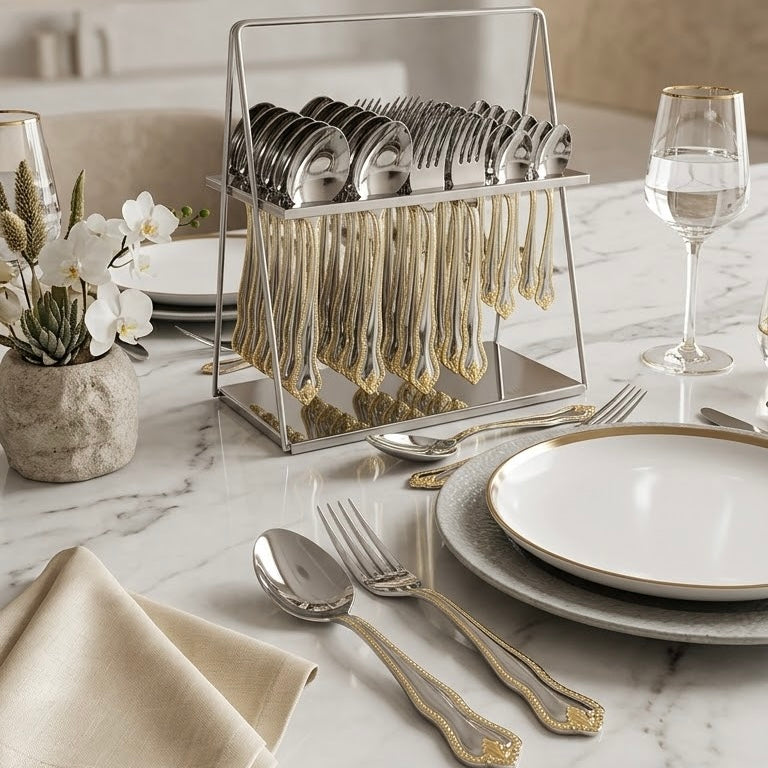 MGFR 36-Piece Stainless Steel Cutlery Set with Standing Rack (Gold Beaded Rim)