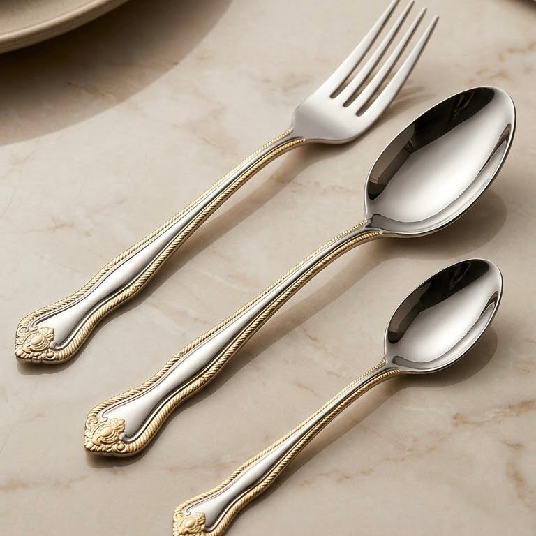 MGFR 36-Piece Stainless Steel Cutlery Set with Standing Rack (Gold Beaded Rim)