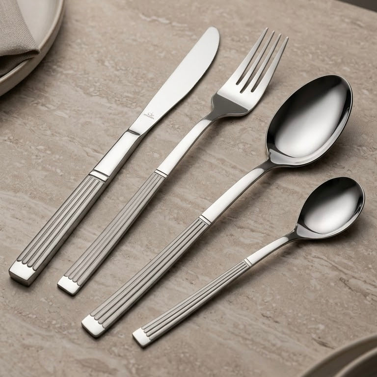 ARSHIA 86-Piece Linear Grooved Stainless Steel Cutlery Set with Wooden Case