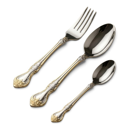 MGFR 36-Piece Stainless Steel Cutlery Set with Standing Rack (Classic Baroque Gold-Tone)