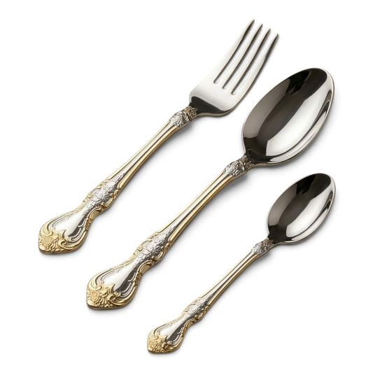 MGFR 36-Piece Stainless Steel Cutlery Set with Standing Rack (Classic Baroque Gold-Tone)