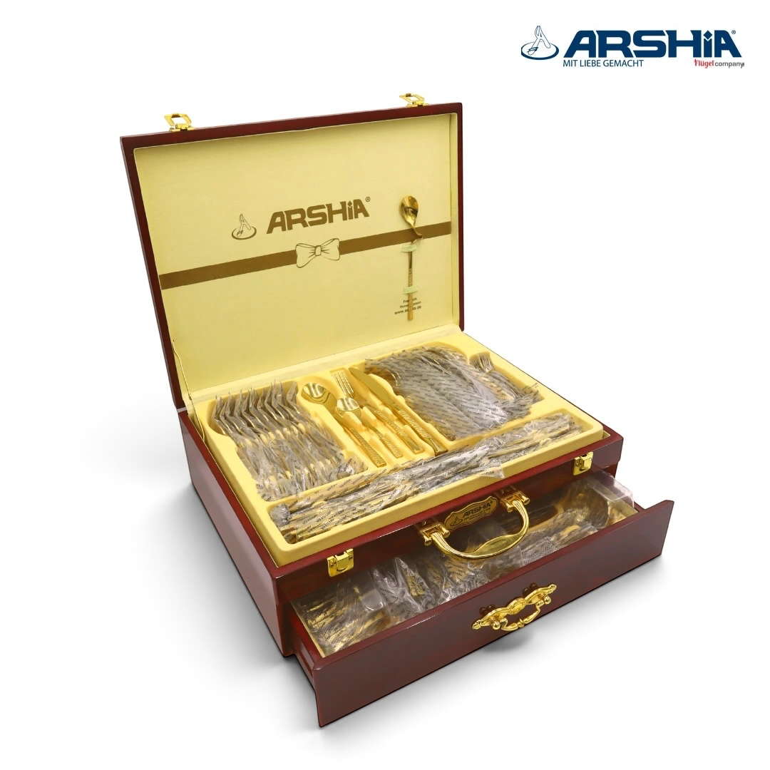 ARSHIA 86-Piece Linear Grooved Stainless Steel Cutlery Set with Wooden Case
