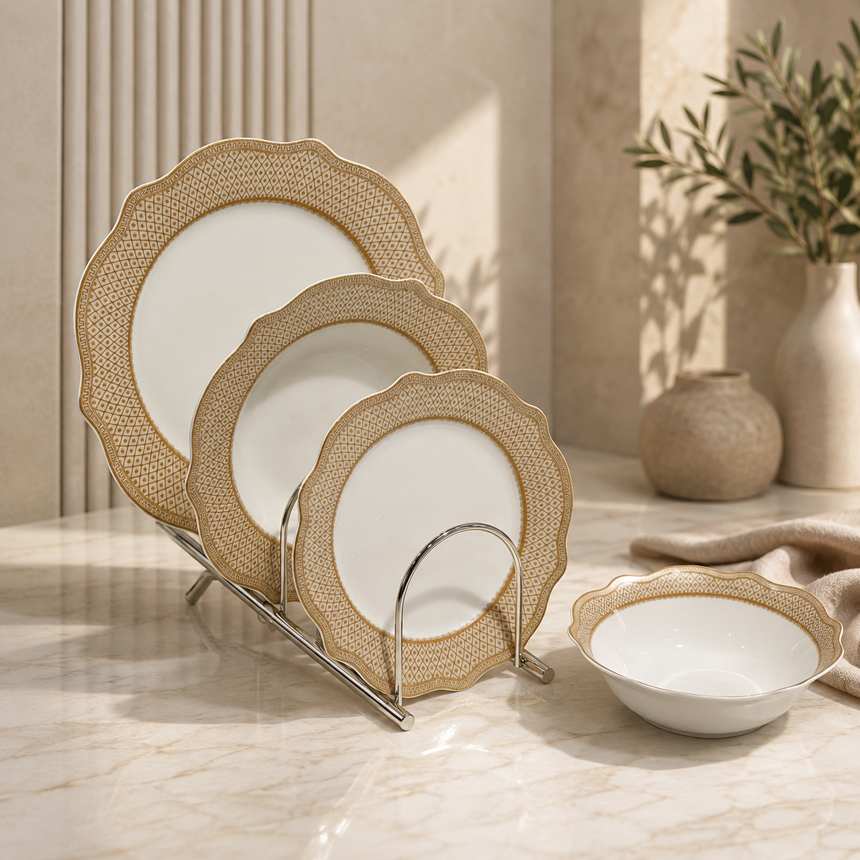 Royal Geometric Gold Lattice Porcelain Dinner Set – 24 Pcs (Service for 6)