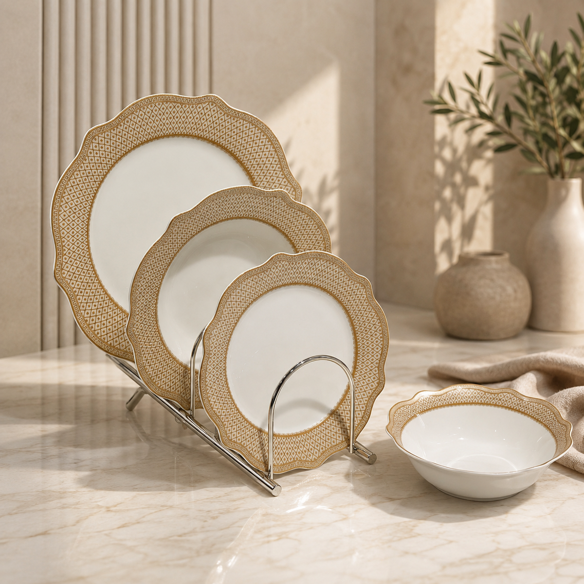 Royal Geometric Gold Lattice Porcelain Dinner Set – 24 Pcs (Service for 6)