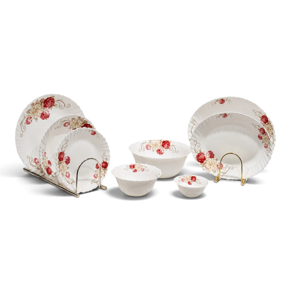 Germax Royal Scalloped Red Floral Banquet Dinnerware Set (39 Pcs)