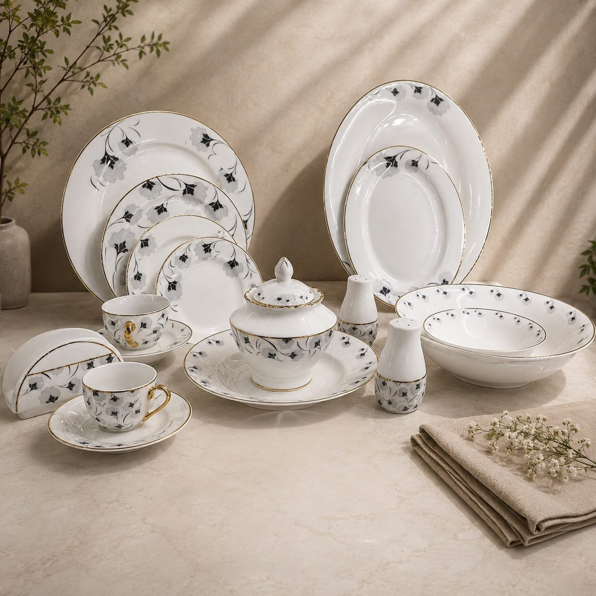 Grand Banquet Porcelain Dinner Service Set with Gold Trim & Platters – 57 Pcs - Mawaeen