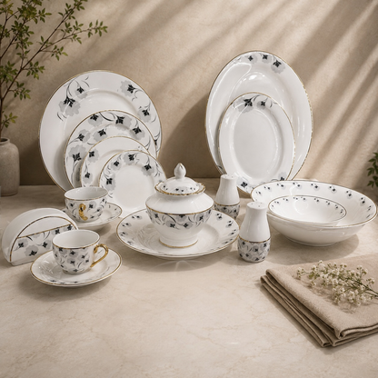 Grand Banquet Porcelain Dinner Service Set with Gold Trim & Platters – 57 Pcs - Mawaeen