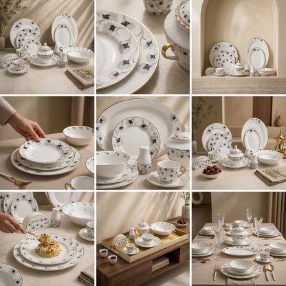 Grand Banquet Porcelain Dinner Service Set with Gold Trim & Platters – 57 Pcs - Mawaeen