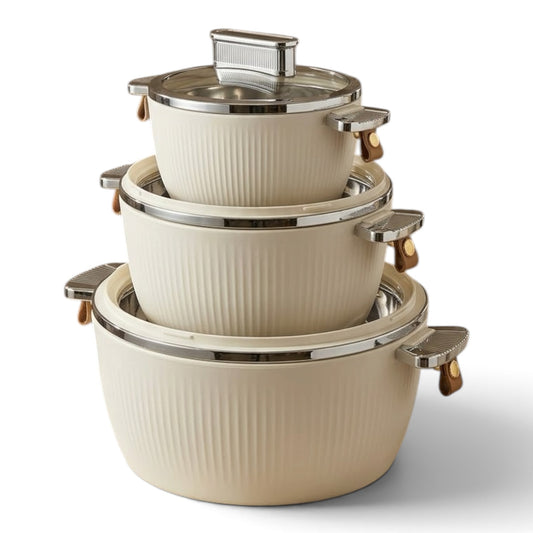 Luxury Fluted Thermal Hot Pot Set (3 Pcs) – Ivory Off-White (1.5L, 3.0L, 5.5L)