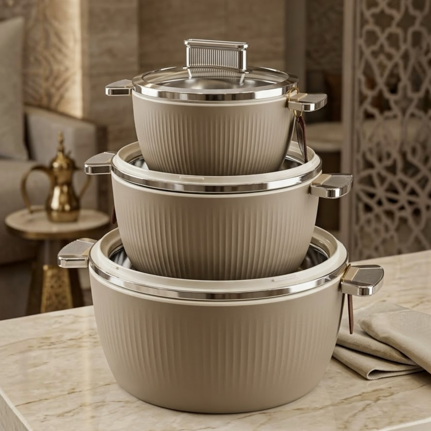 Luxury Fluted Thermal Hot Pot Set (3 Pcs) – Warm Mocha (1.5L, 3.0L, 5.5L)