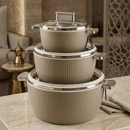 Luxury Fluted Thermal Hot Pot Set (3 Pcs) – Warm Mocha (1.5L, 3.0L, 5.5L)