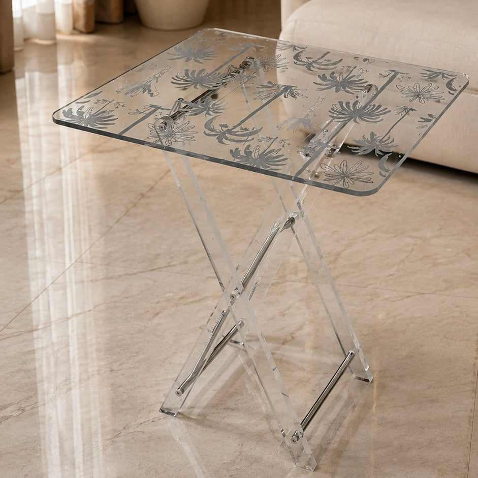 Modern Acrylic Folding Service Table Set with Palm Tree Pattern & Stand – 4 Pieces