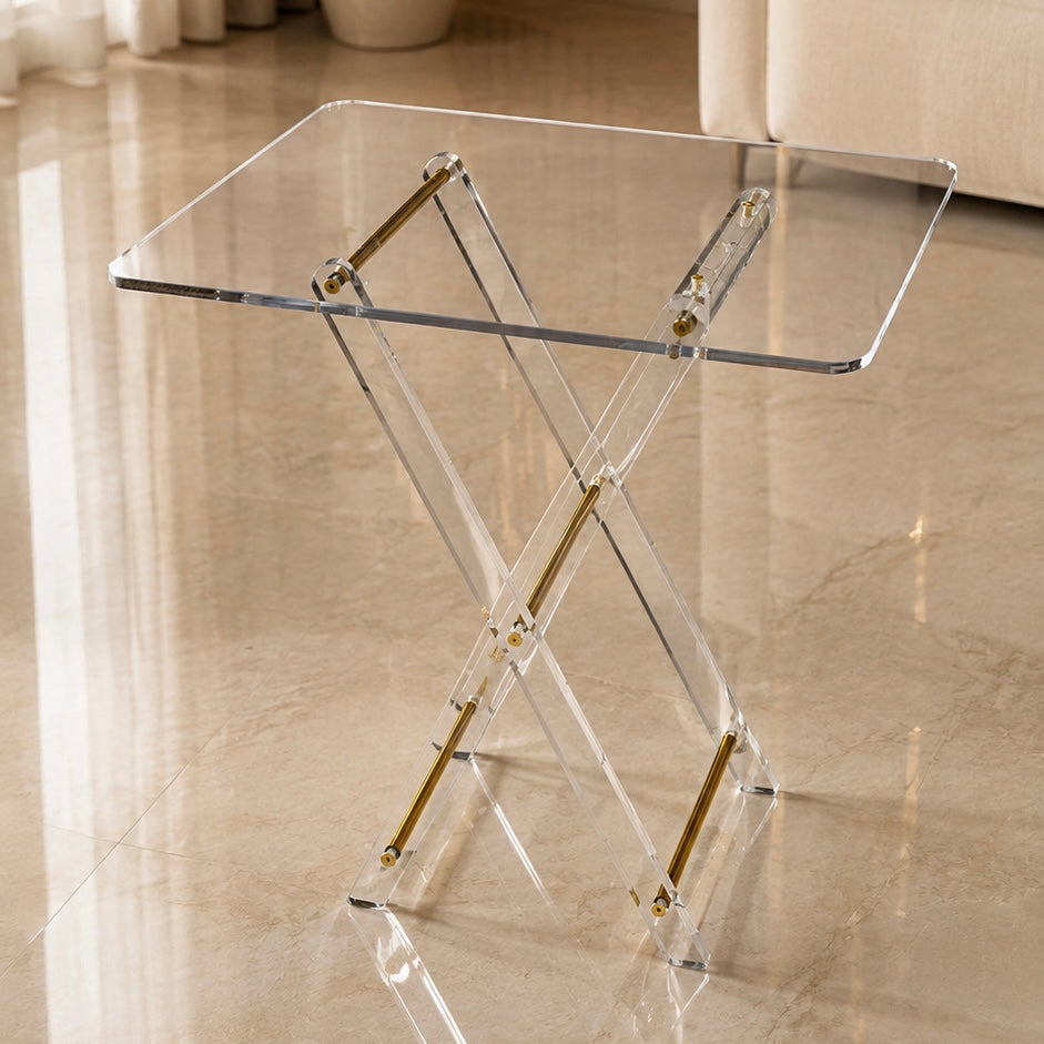 Modern Ultra-Clear Acrylic Folding Side Table Set with Gold Accents & Stand – 4 Pieces