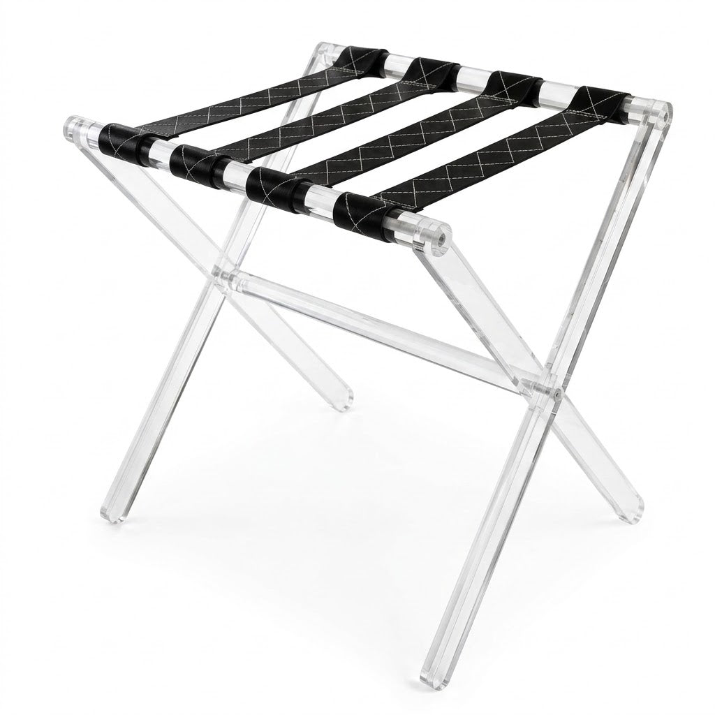 Luxury Transparent Acrylic Folding Side Table Set with Stitched Black Leather Straps – 2 Pieces