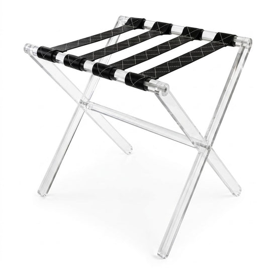 Luxury Transparent Acrylic Folding Side Table Set with Stitched Black Leather Straps – 2 Pieces