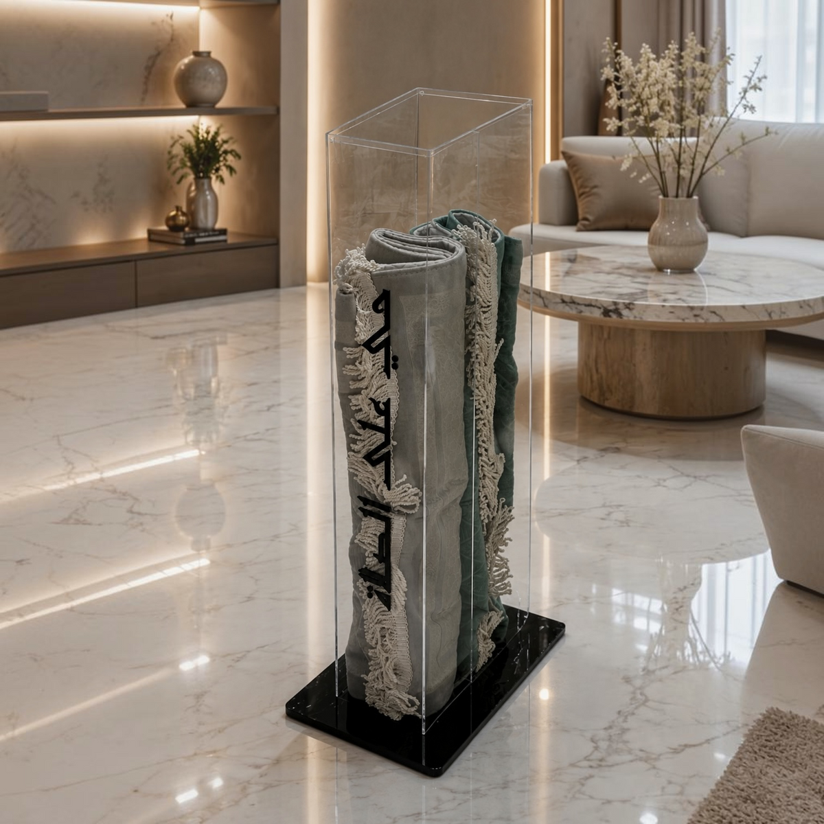 Luxury Clear Acrylic Double Prayer Mat Stand with Black Calligraphy ("حي على الصلاة")