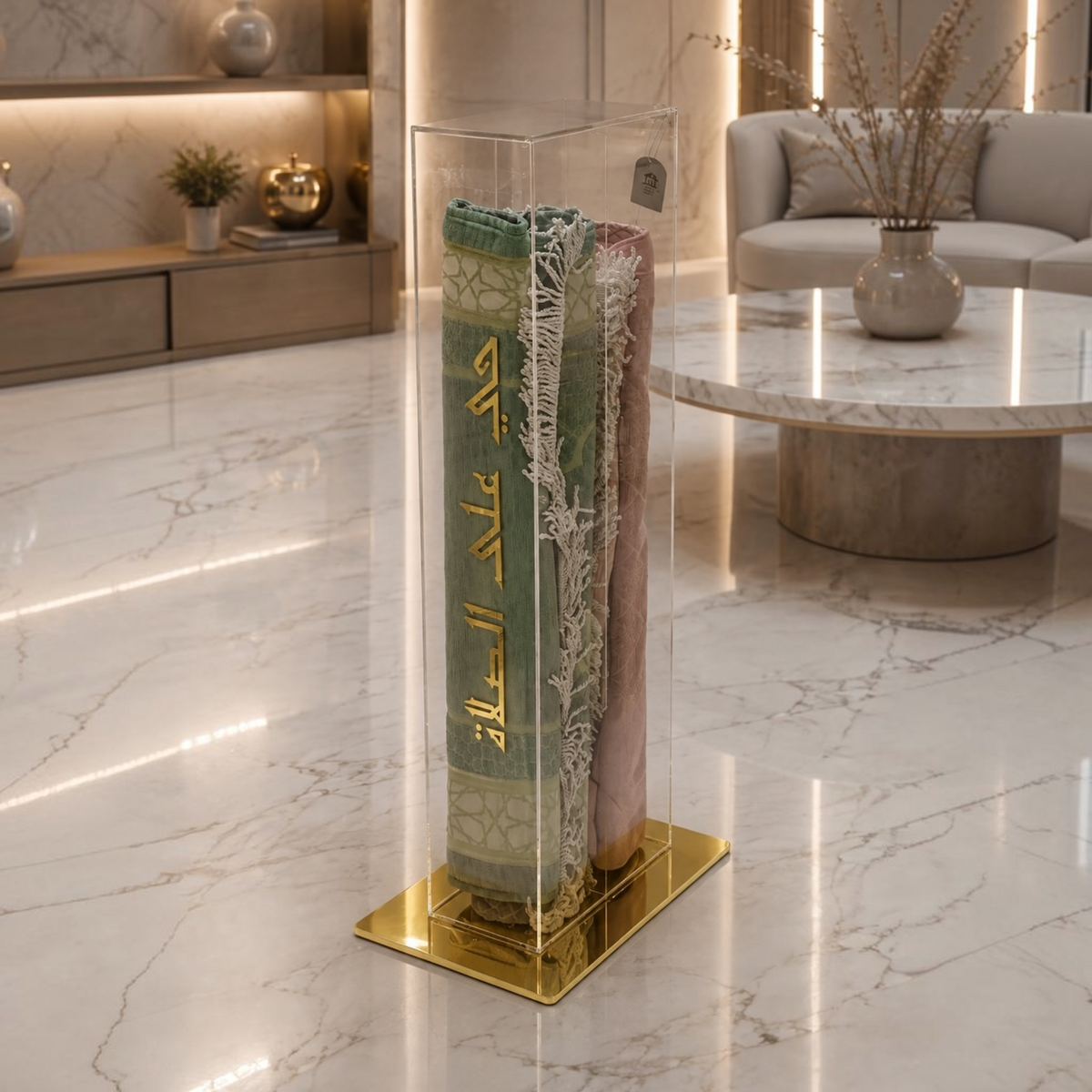Luxury Clear Acrylic Double Prayer Mat Stand with Gold Calligraphy ("حي على الصلاة")