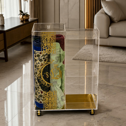 Luxury Mobile Acrylic Prayer Mat Trolley with Built-in Tray & Gold Calligraphy