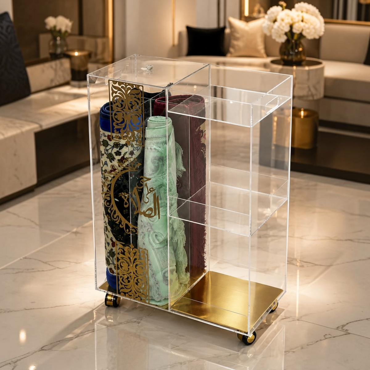 Luxury Mobile Acrylic Prayer Mat Trolley with Built-in Tray & Gold Calligraphy