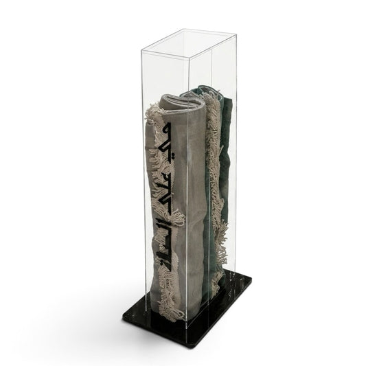 Luxury Clear Acrylic Double Prayer Mat Stand with Black Calligraphy ("حي على الصلاة")
