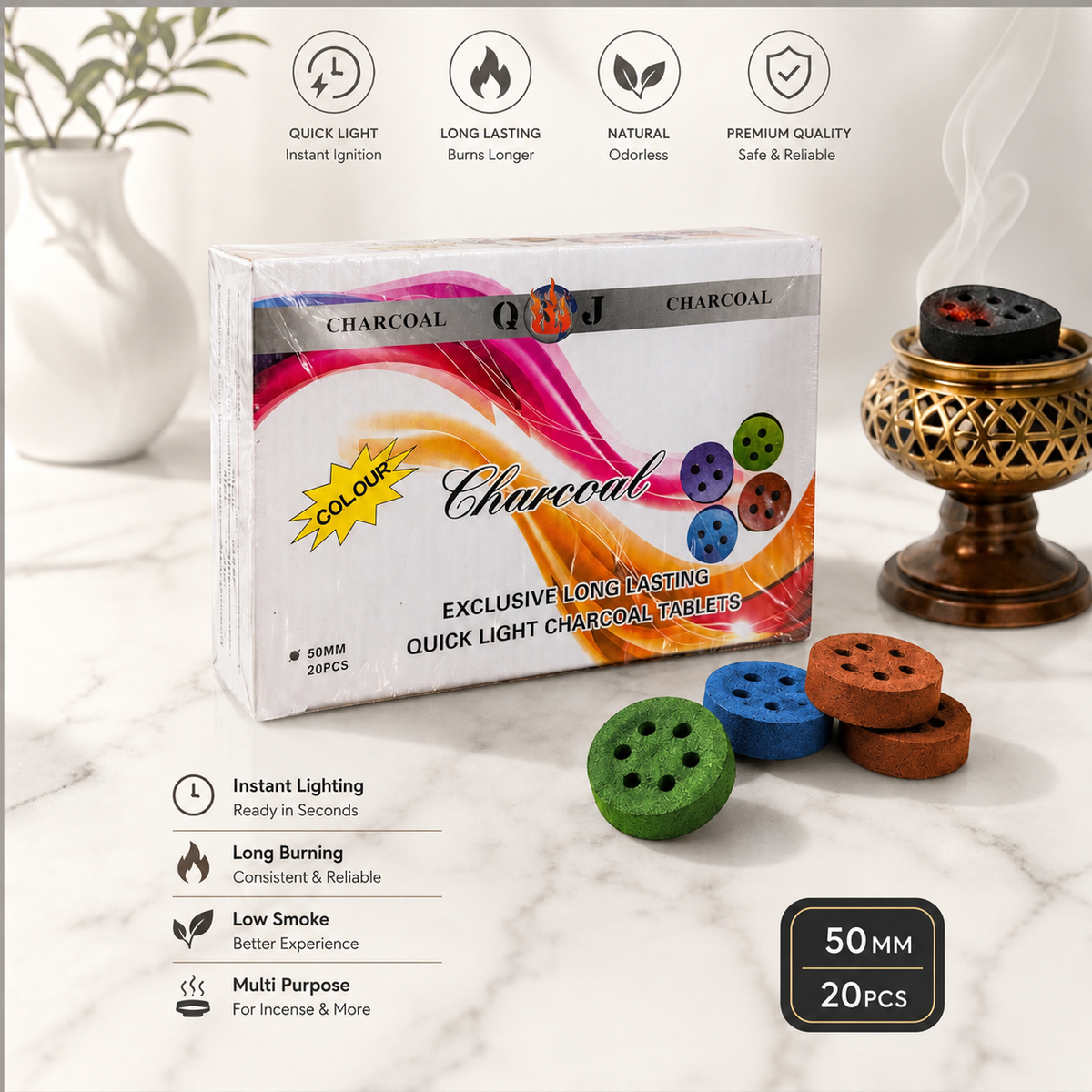 QJ Exclusive Quick Light Charcoal Tablets (50mm – 20 Pieces)