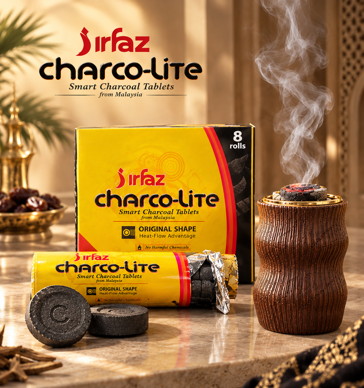 Jirfaz Charco-Lite Quick-Lighting Charcoal Tablets (35mm) – 80 Pieces (8 Rolls) - Mawaeen