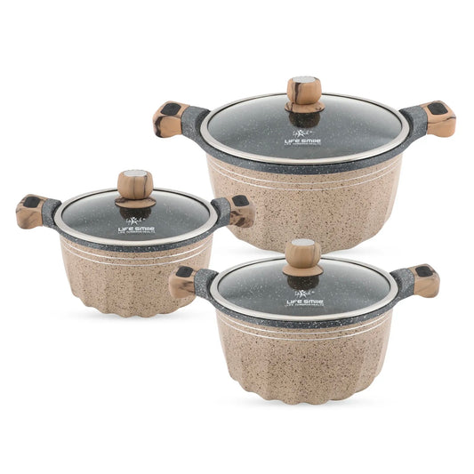 Life Smile 6-Piece Granite Cookware Set – Fluted Beige with Marble Handles