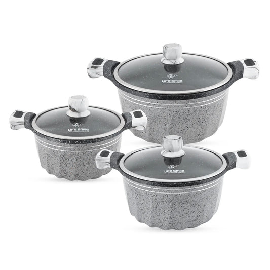 Premium Life Smile Granite Cookware Set (6 Pieces) – Multi-Layer Non-Stick with Tempered Glass Lids