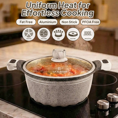 Premium Life Smile Granite Cookware Set (6 Pieces) – Multi-Layer Non-Stick with Tempered Glass Lids