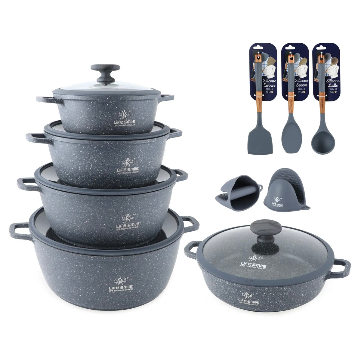 Life Smile 10-Piece Granite Cookware Set (5 Pots with Lids + Utensils & Silicone Gloves) – Speckled Blue