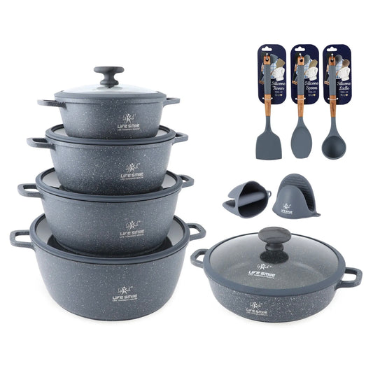 Life Smile 10-Piece Granite Cookware Set (5 Pots with Lids + Utensils & Silicone Gloves) – Speckled Blue