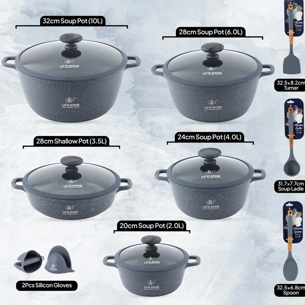 Life Smile 10-Piece Granite Cookware Set (5 Pots with Lids + Utensils & Silicone Gloves) – Speckled Blue