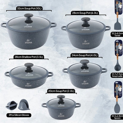 Life Smile 10-Piece Granite Cookware Set (5 Pots with Lids + Utensils & Silicone Gloves) – Speckled Blue